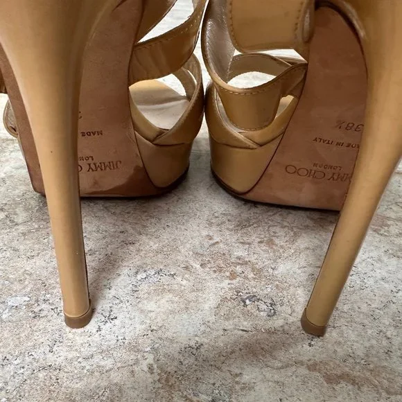 Jimmy Choo Vamp Sandal Tan Nude Patent Leather Sz. 38 1/2 Platform High heel - Picture 7 of 10
